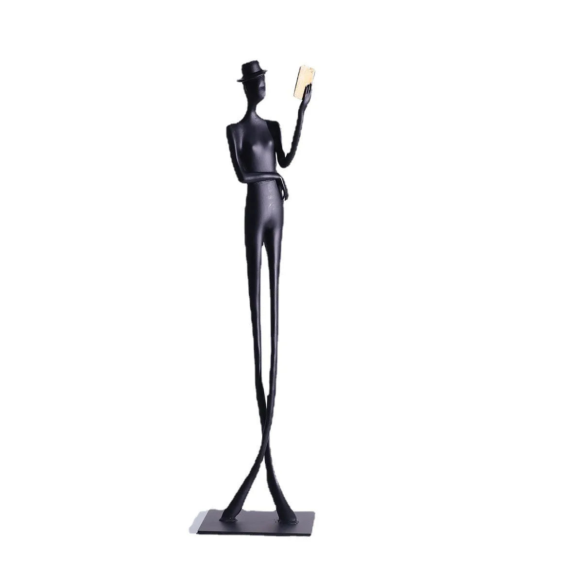 Black cast aluminium reading woman desktop sculpture modern design 51cm tall