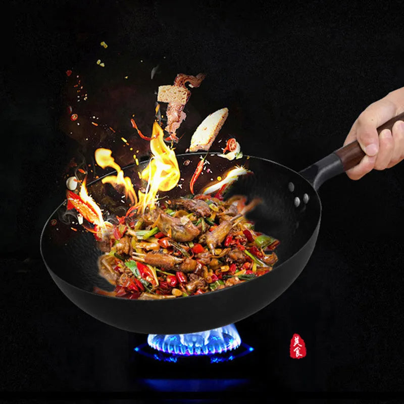 Traditional black iron wok with wooden handle, 40cm diameter, shown with glass lid option