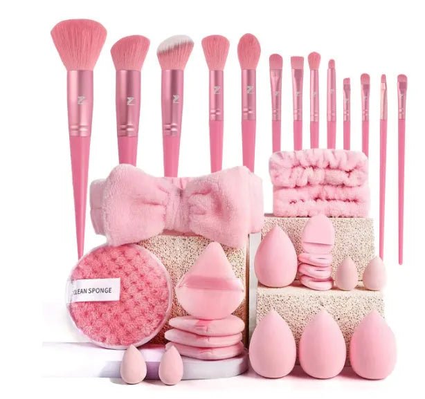 Professional makeup brush set with face wash tools in brown, pink, and purple colour options