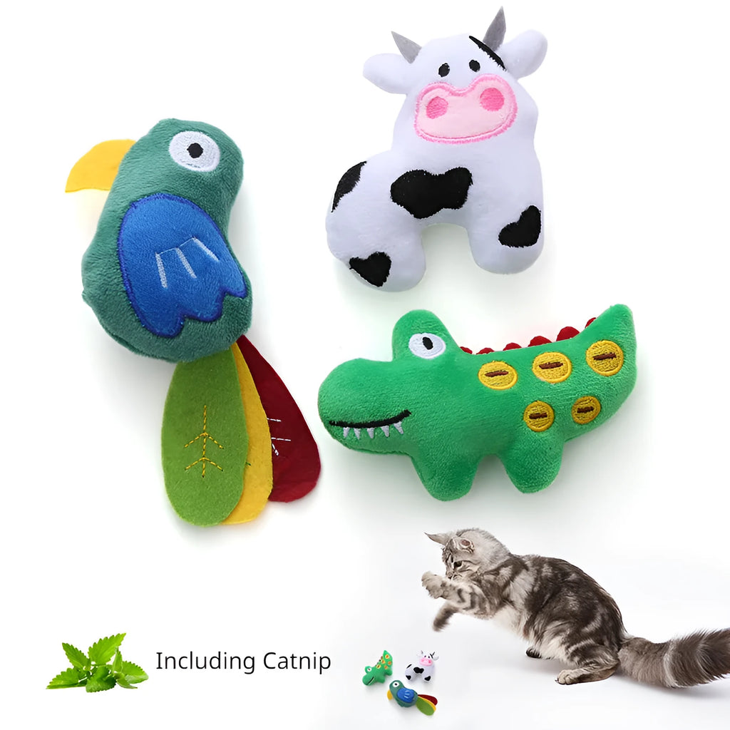 Soft plush cat toy shaped like a cow, a parrot, and a crocodile, each containing catnip for pet play.