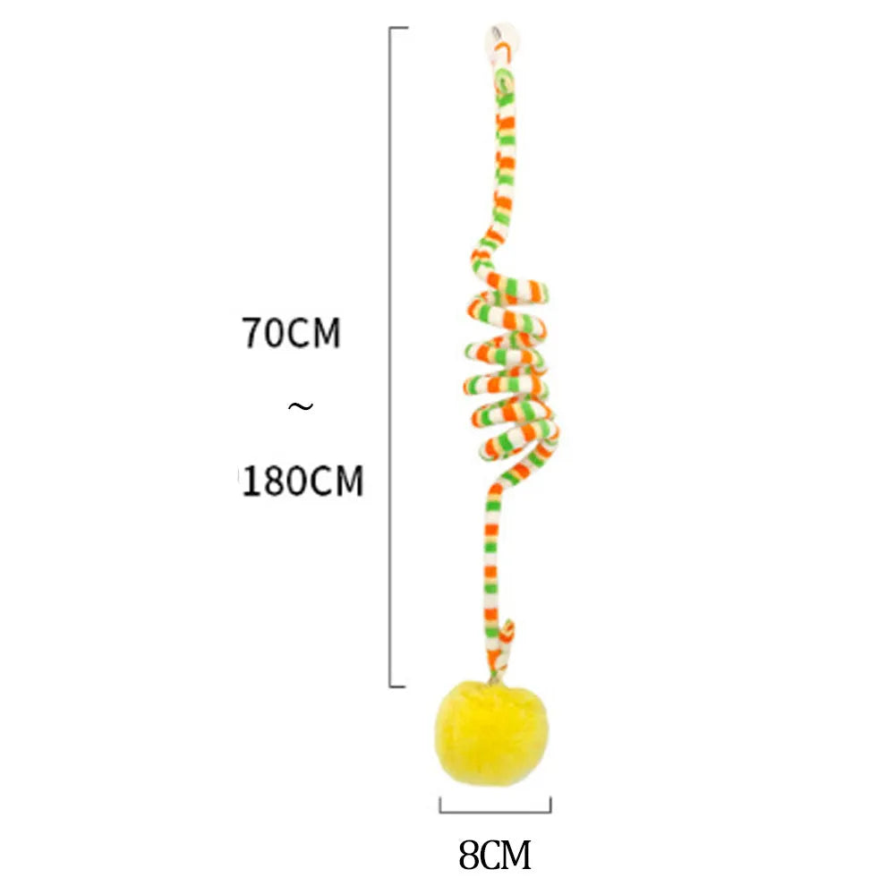 Hanging cat toy with suction cup, spring-mounted bell stick, and inflatable ball in multiple colour options
