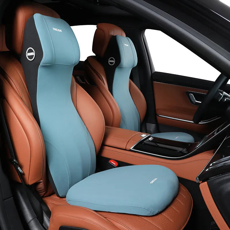 Automotive memory foam cushion with integrated headrest and lumbar support in multiple colour options