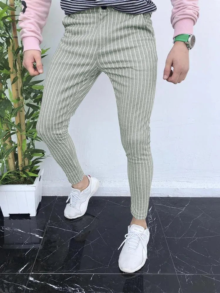 Men's slim-fit plaid casual trousers in polyester elastic fabric with straight leg cut and zip fly closure