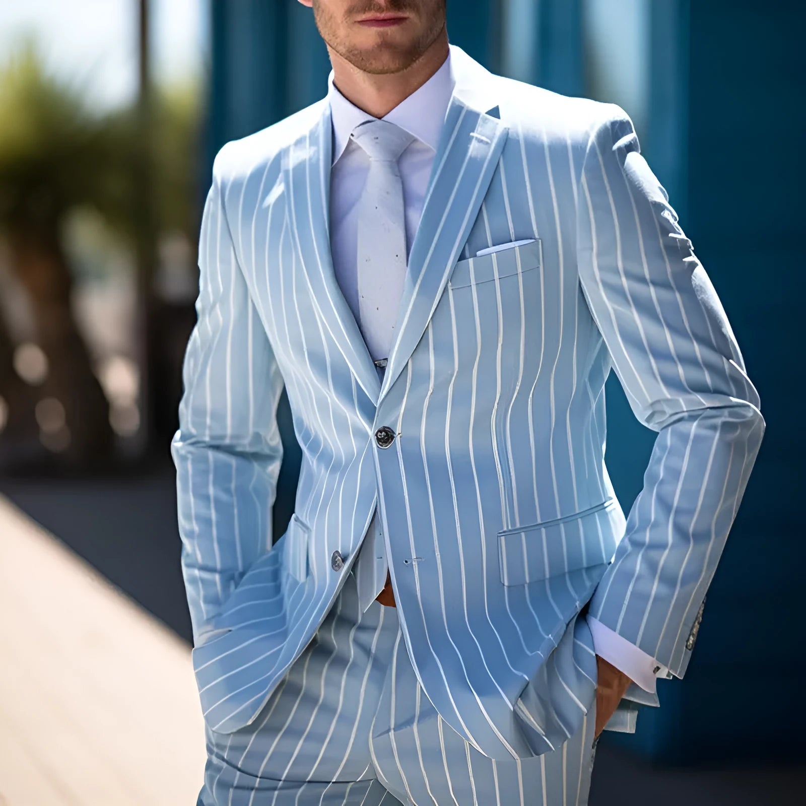 Blue men's British-style suit jacket with double button front and white buttons