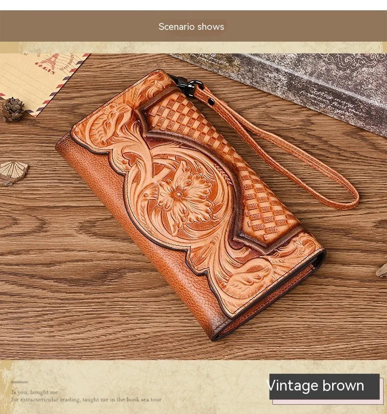 Chinese style brown leather tri-fold wallet with a floral embossed pattern, shown open to reveal compartments.