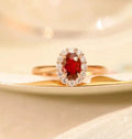 Gold pigeon red blood gemstone sterling silver inlaid ring with floral pattern design for women