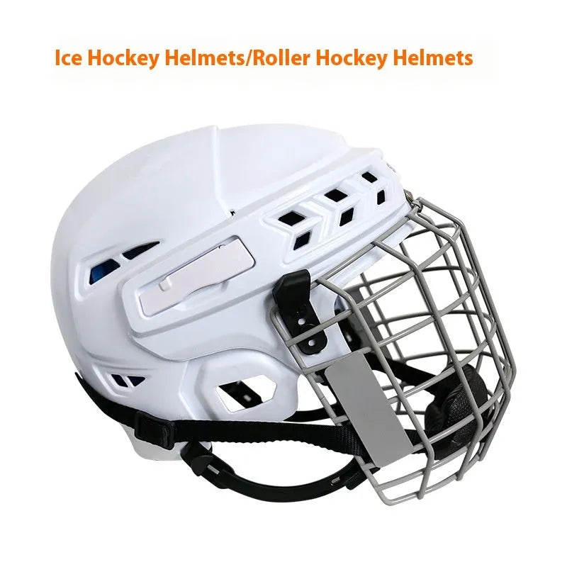Ice hockey helmet with a carbon steel face mask, shown in size options S, M, L, XL.