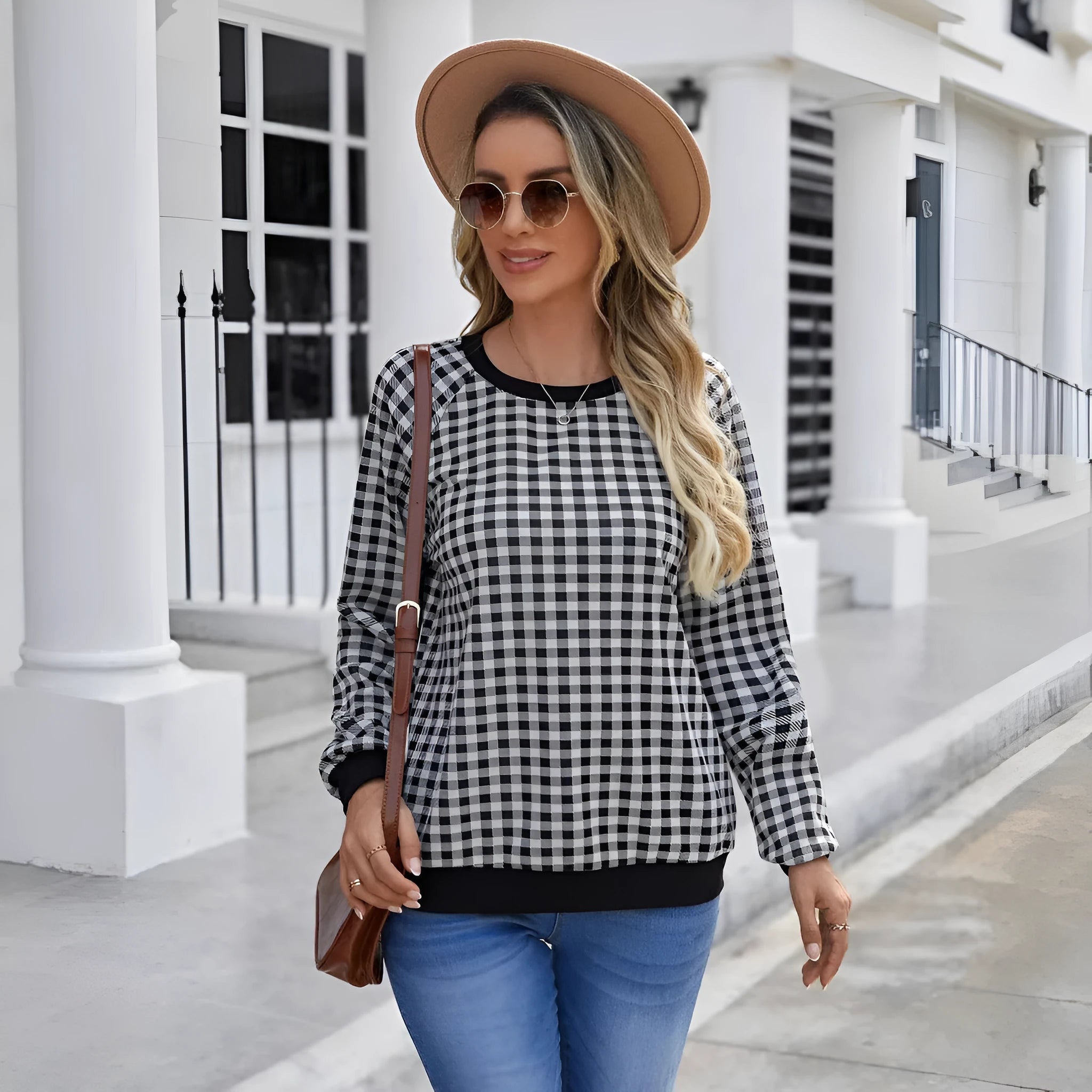 Black Japanese plaid pattern long sleeve polyester sweater showing front view with regular sleeves