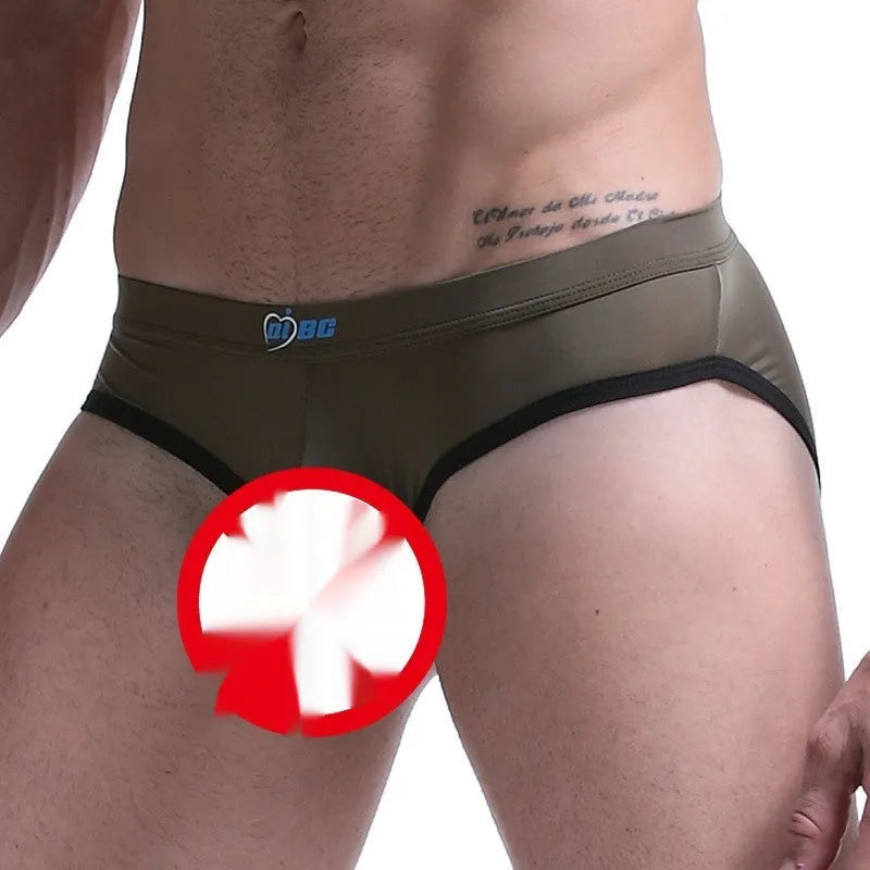 Men's thin ice silk bazooka briefs in multiple colours on a mid waist model.