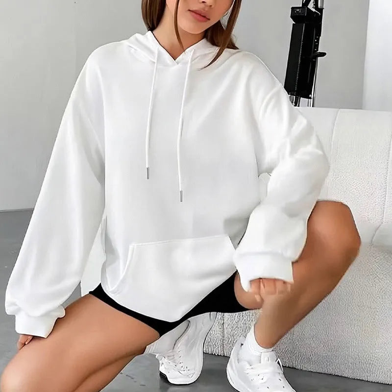 Women's loose drawstring pocket sweatshirt in various colours showing front pockets and adjustable collar