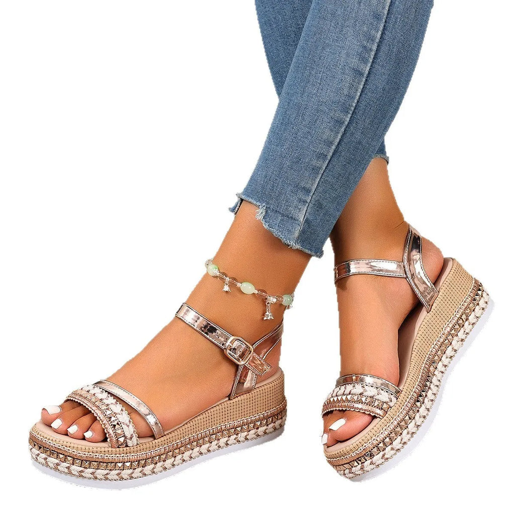 Gold women's wedge sandals with woven texture and round toe design