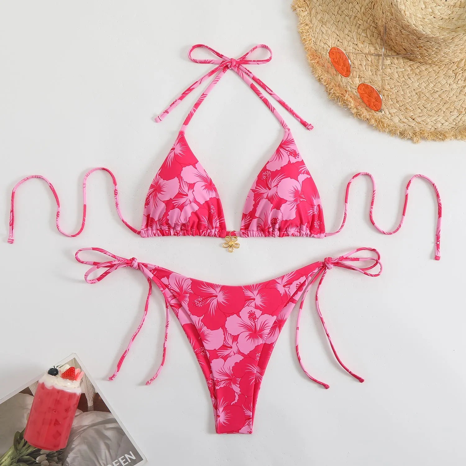 Double-sided bikini printed polo neck lace-up swimsuit for women in light blue high waist briefs