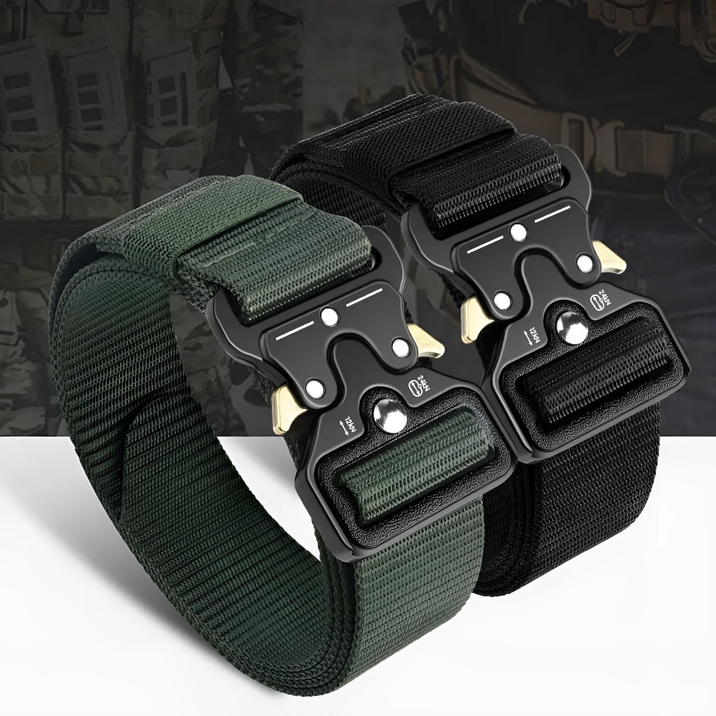 Men's thick canvas tactical belt with alloy release buckle in black colour, showing weaving flowers texture