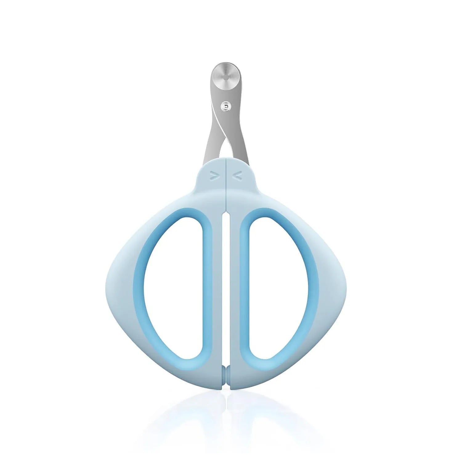 Blue cat nail clipper with a round positioning hole and non-slip handle for safe pet grooming.