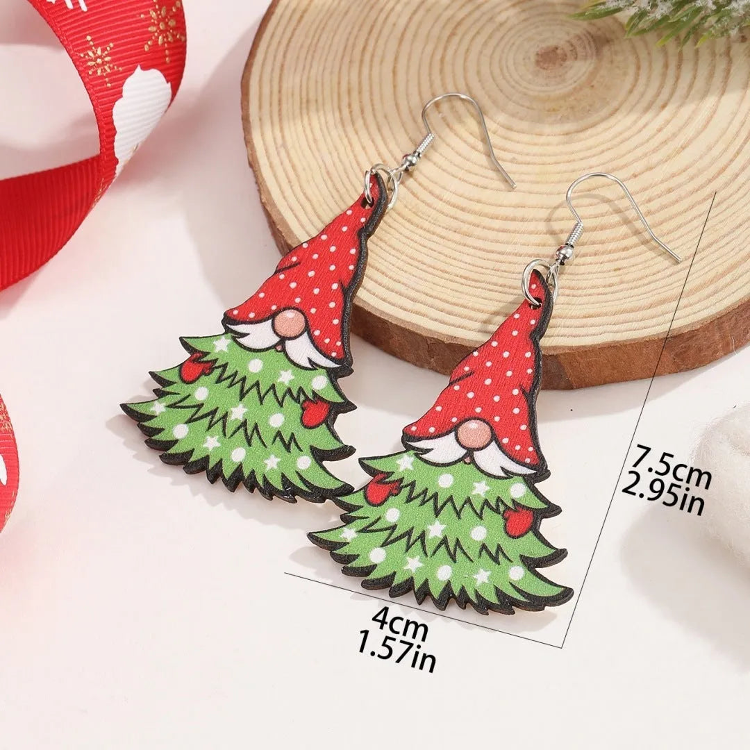 Printed wooden Christmas earrings with geometric Santa Claus designs in red and green