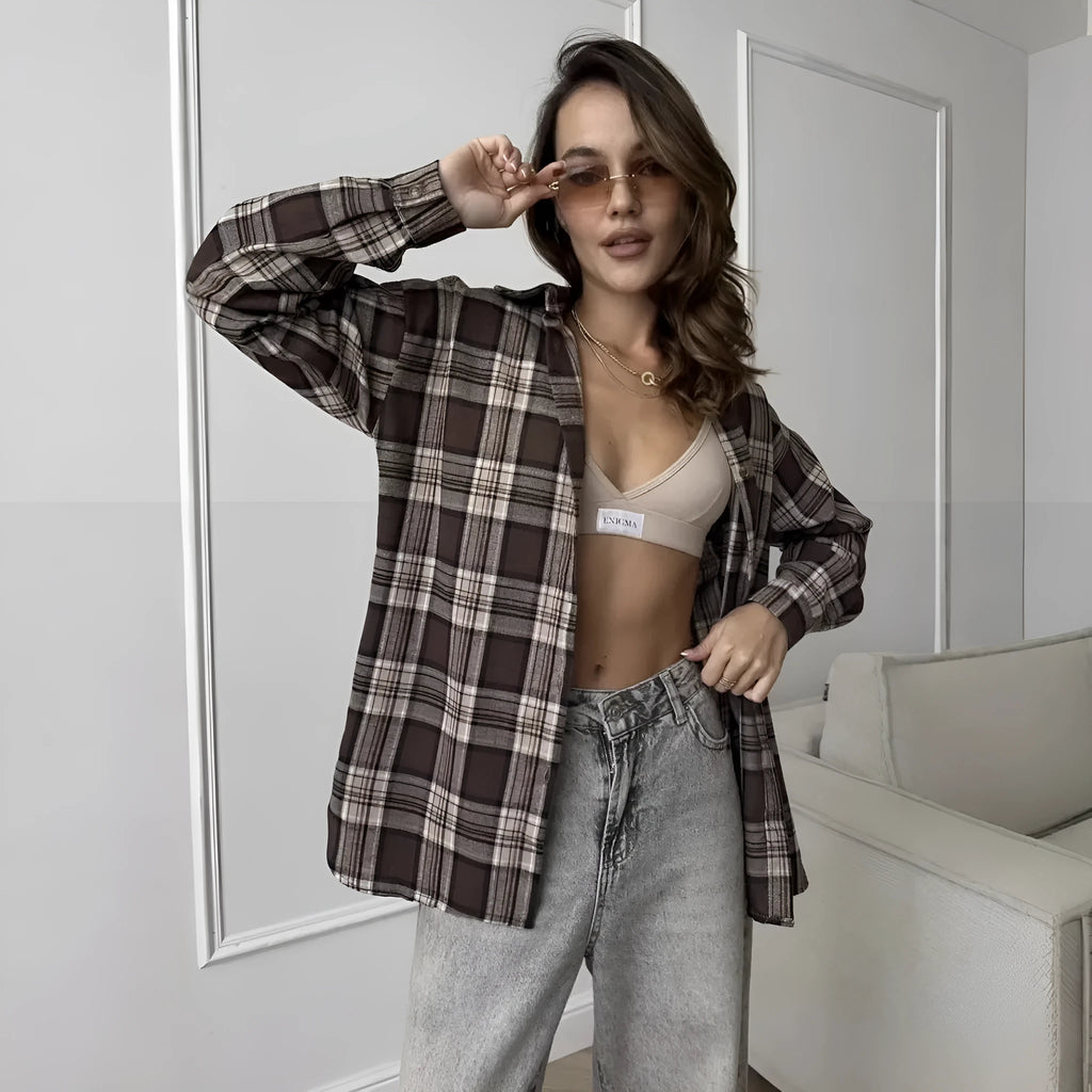 Women's dark brown retro striped long sleeve cotton shirt on a hanger.