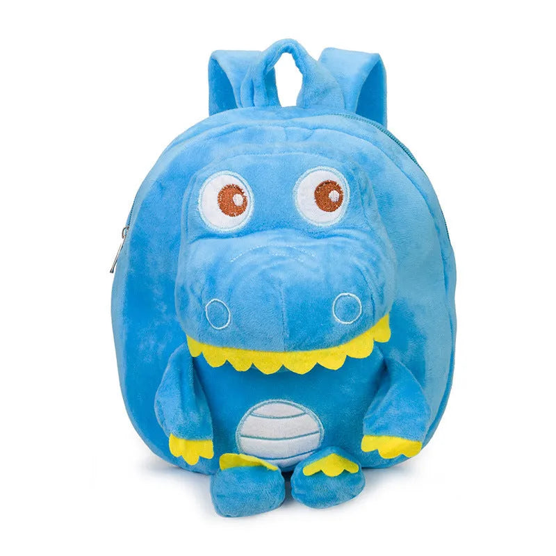 Children's dinosaur plush backpack with embroidery detail and soft handle in blue colour option