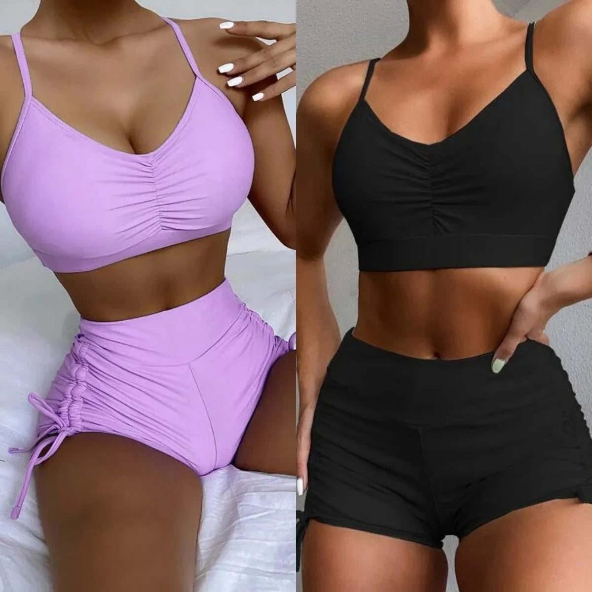 Women's high waist split swimsuit bikini in purple or black colours