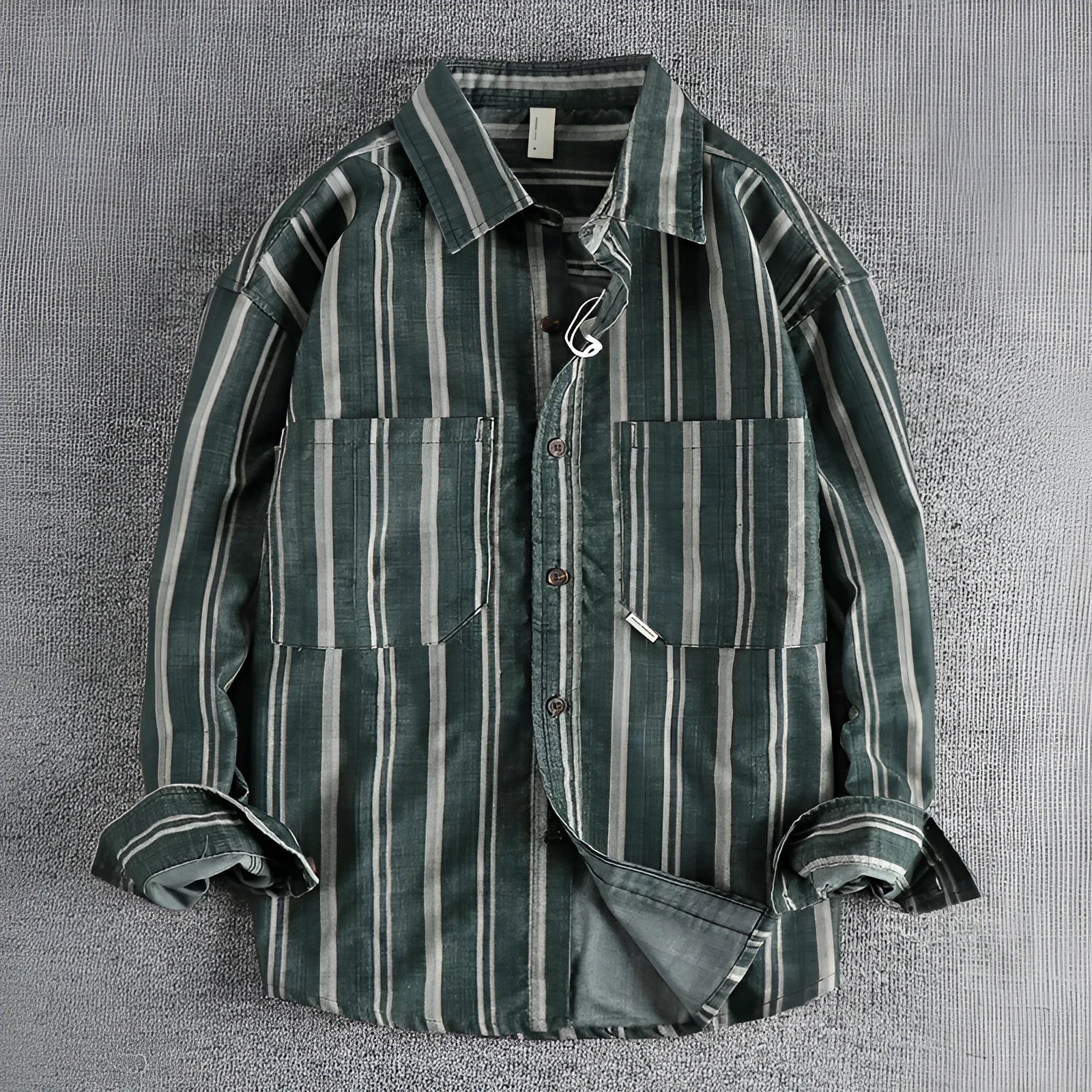 Men's vintage striped overshirt in loose fit, shown in apricot colour with Japanese retro styling.
