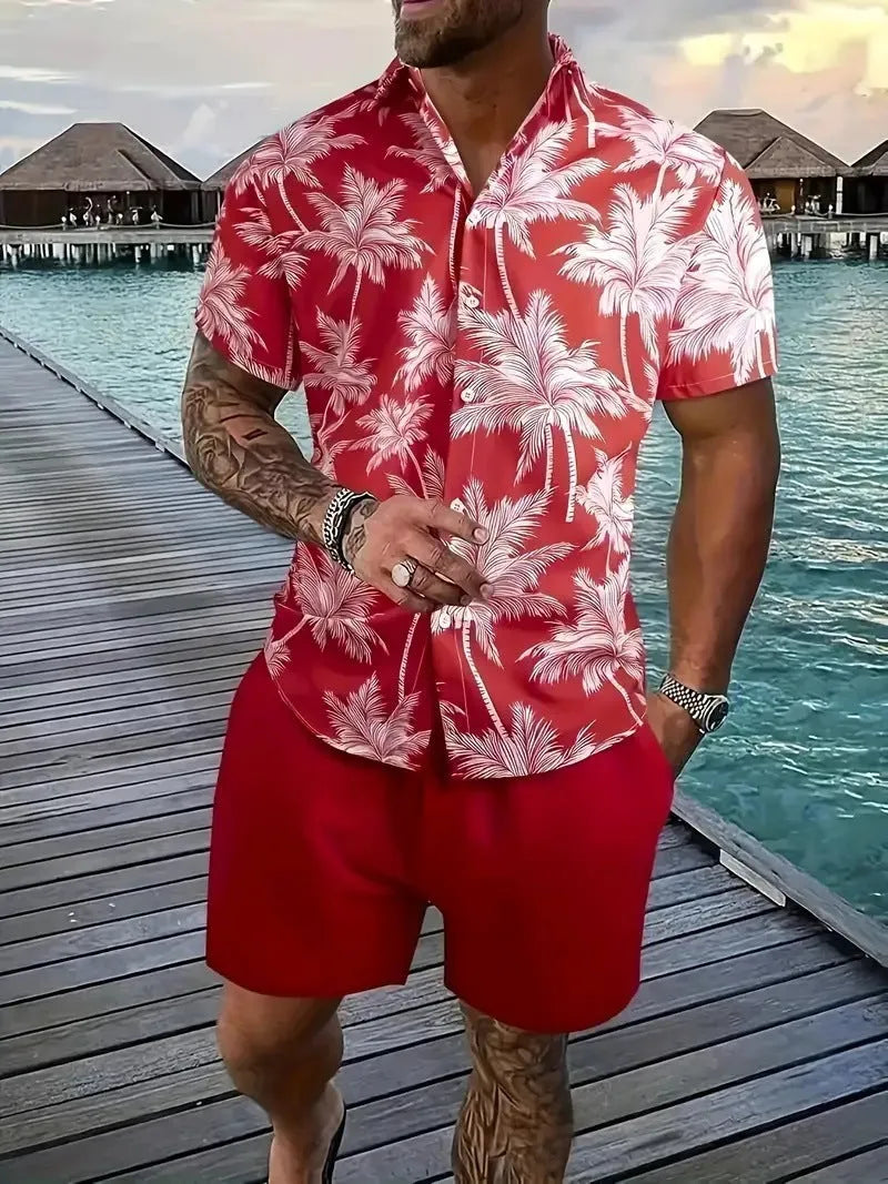 Men's 3D printed Hawaiian style short sleeve top and matching shorts summer suit
