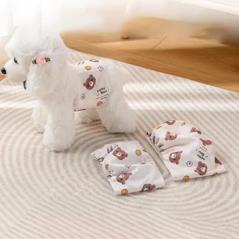 Reusable male dog diaper belly band with cartoon paw print design and elastic waistband
