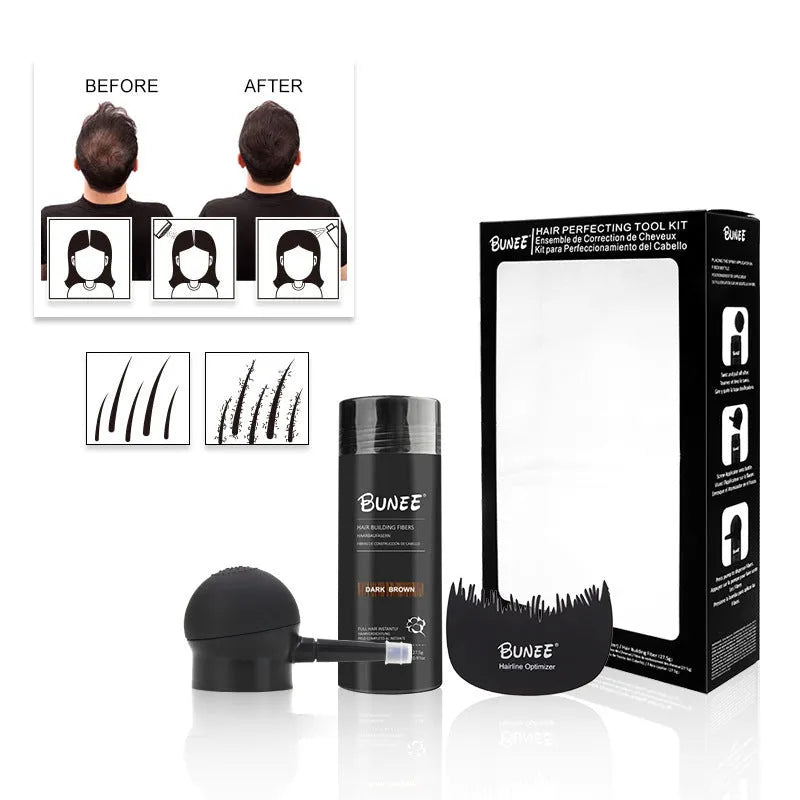 Boxed set of hair thickening fibre powder, applicator brush, and comb in various hair colour shades.