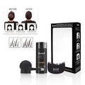 Boxed set of hair thickening fibre powder, applicator brush, and comb in various hair colour shades.