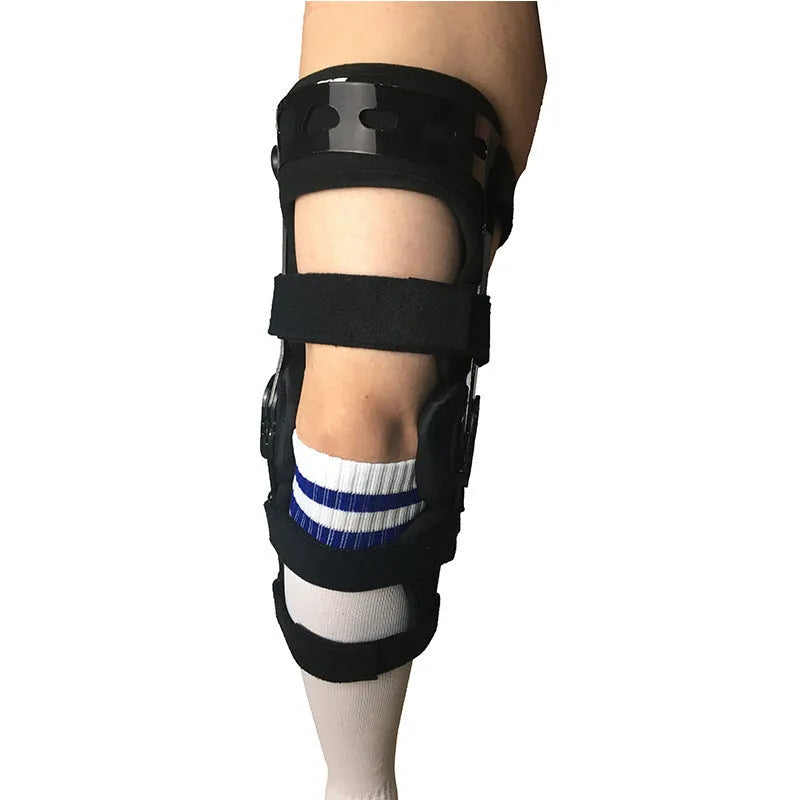 Black anterior ligament knee support brace shown on a knee, with side-specific sizing for left or right.
