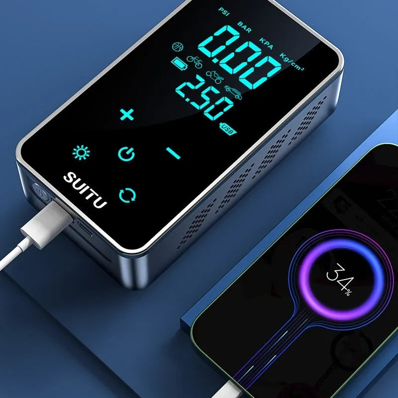 Wireless car tyre inflator with digital LCD screen showing pressure reading