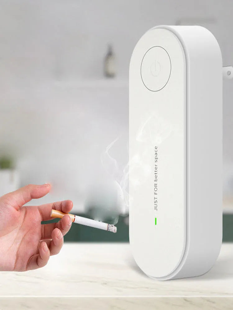 Mini portable air purifier in white with an EU plug, designed for smoke and dust removal