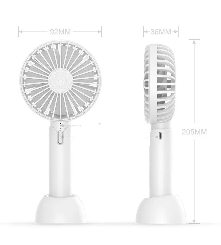 Blue handheld USB fan with three-speed control and oscillating head on desktop