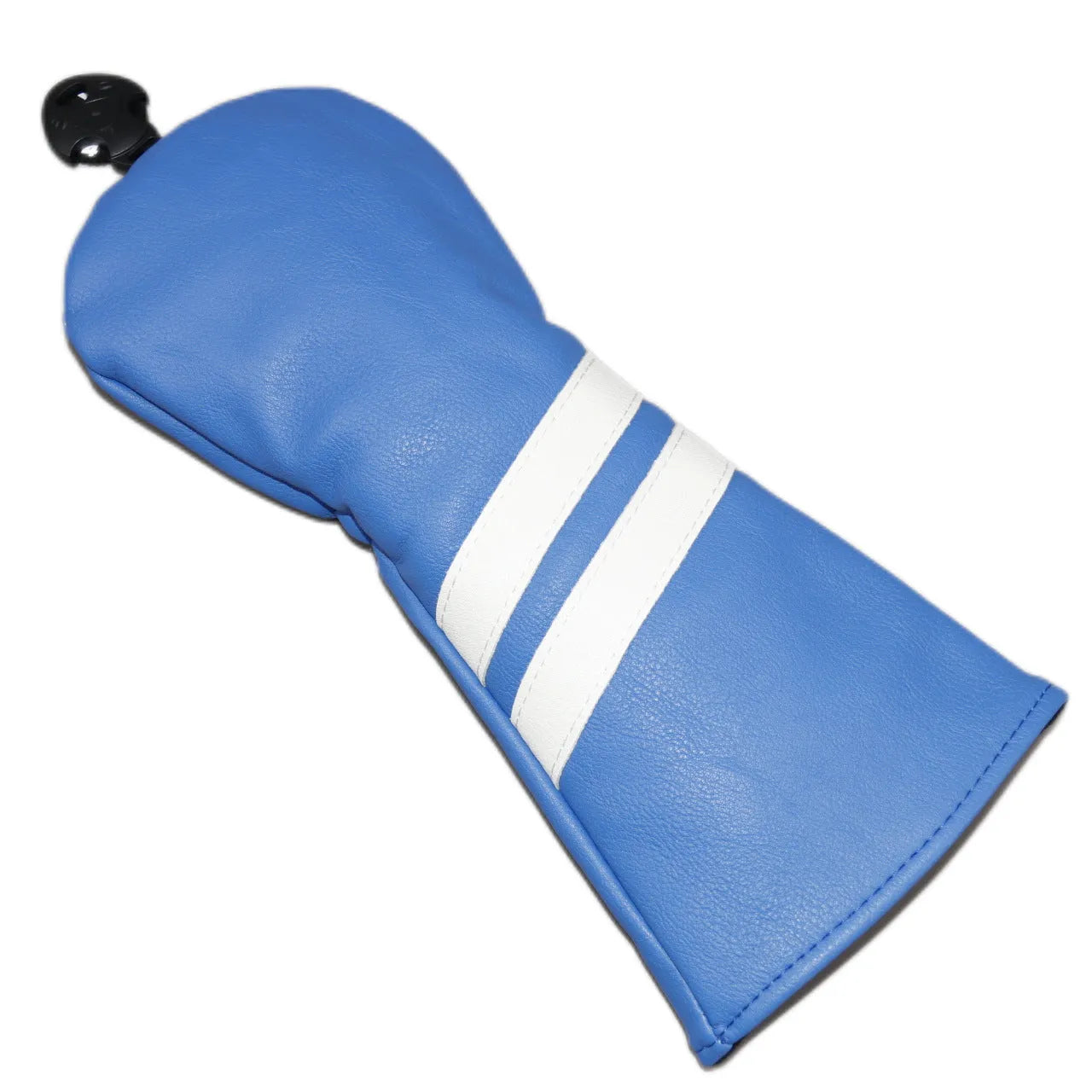 A striped PU leather golf club head cover for wood clubs, shown in blue, with size and colour options.
