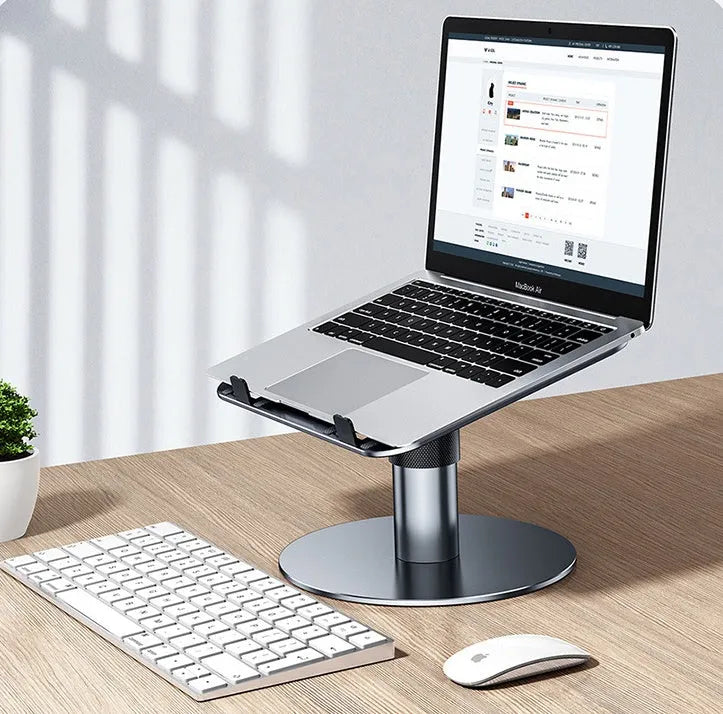 Silver adjustable aluminium laptop stand shown at various heights with rotating base.