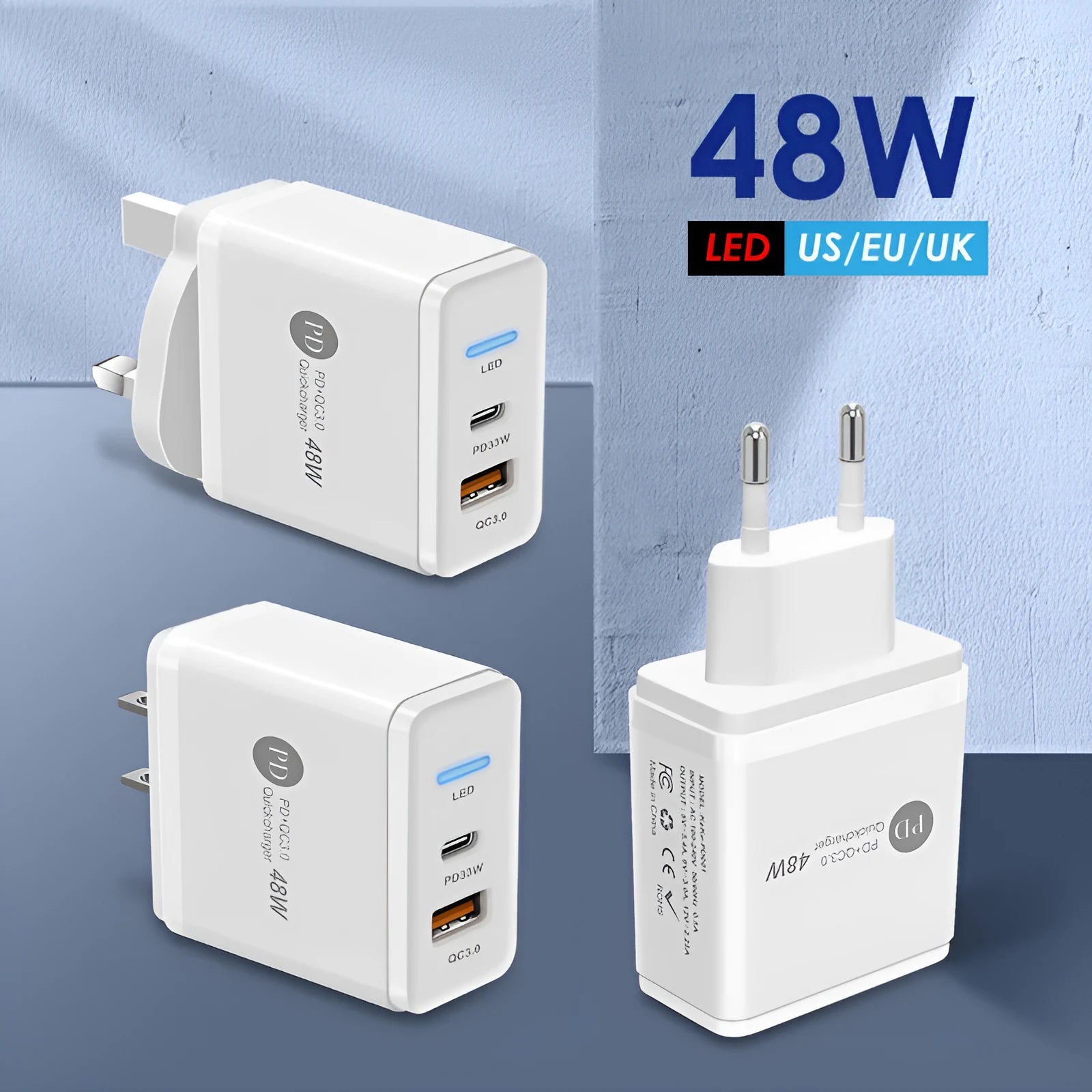 PD48W USB-C fast travel charger showing UK, EU, and US plug adaptors on a white background