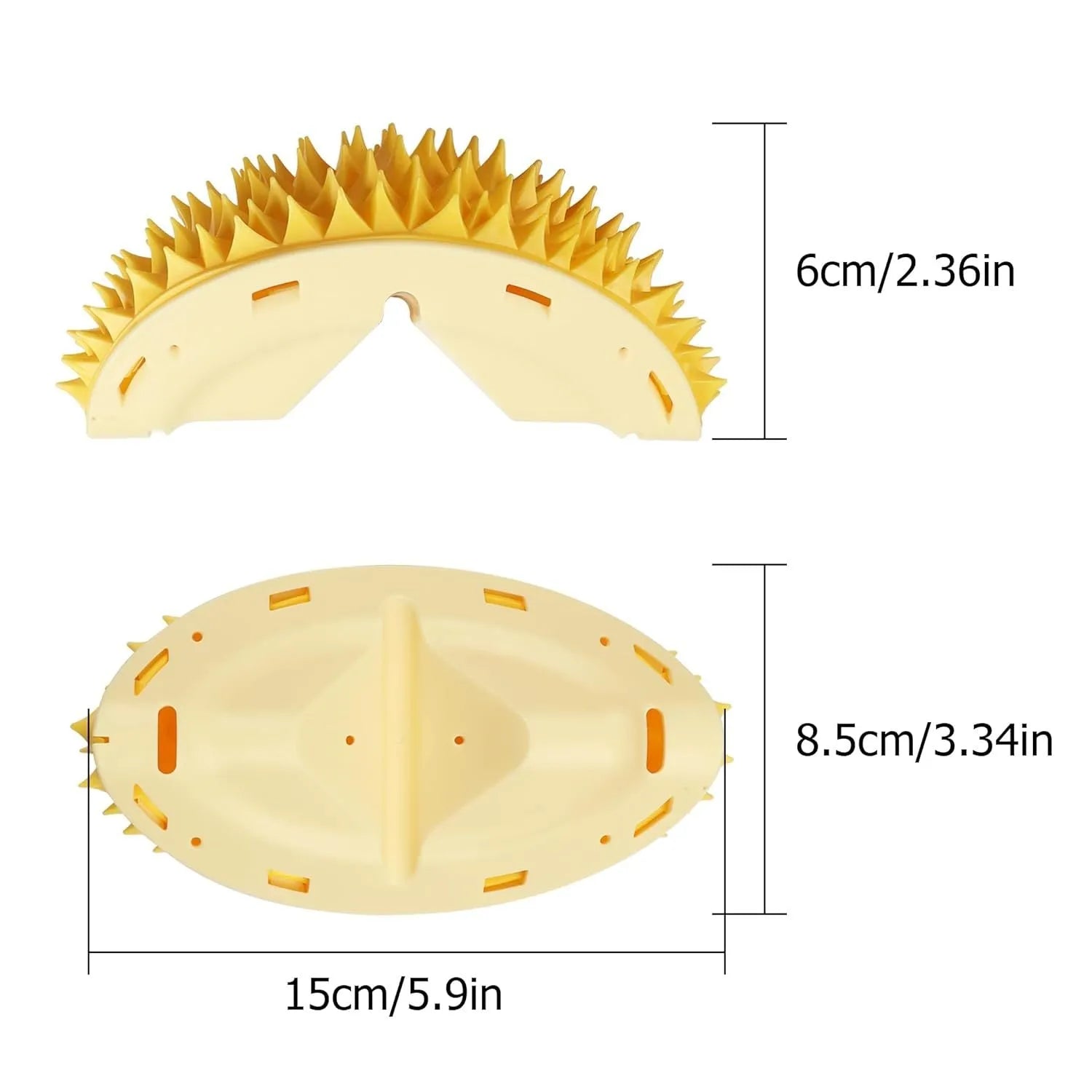 Yellow durian-shaped cat corner scratcher mounted on a wall with cat mint powder
