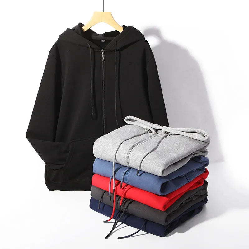 Men's heavyweight zip hooded sweater in charcoal grey showing front kangaroo pockets and adjustable hood