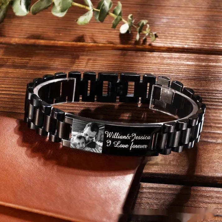 Titanium steel men's bracelet with heart-shaped curved pieces featuring electroplated lettering in black or grey