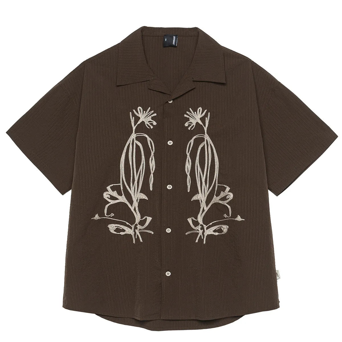 Brown striped Cuban collar short sleeve outdoor shirt laid flat.