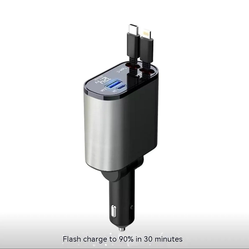 Automatic retractable car charger plugged into a vehicle cigarette lighter socket with extended cable.