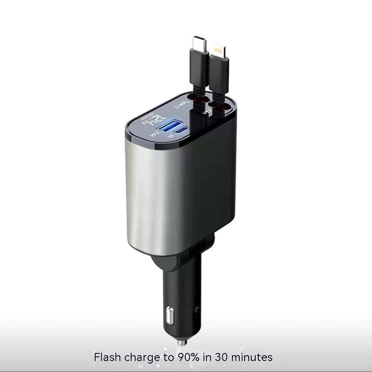 Automatic retractable car charger plugged into a vehicle cigarette lighter socket with extended cable.