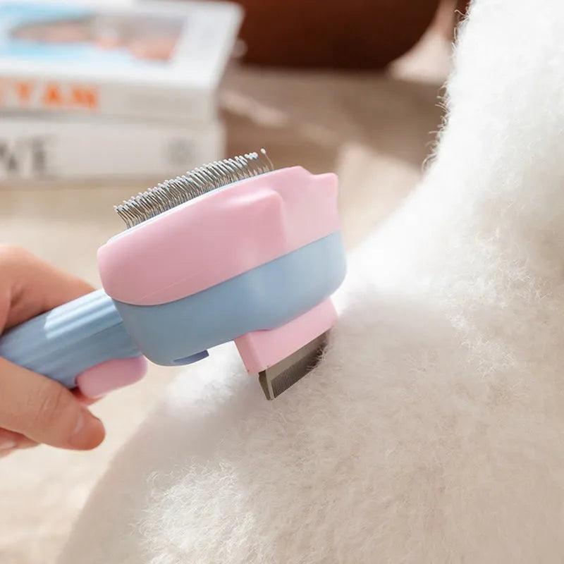 Blue double-sided pet grooming brush showing deshedding rake and dematting comb on a 195mm long handle.