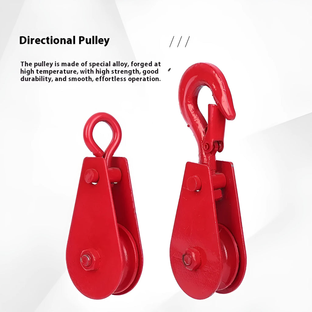 Red industrial steel lifting pulley with a safety latch on the hook.