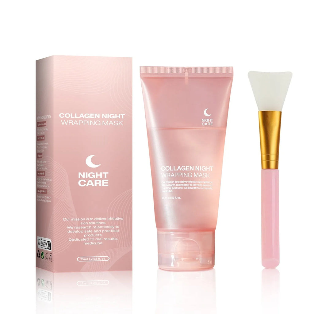 Collagen night mask in 75ml bottle with application brush for skin firming and hydration