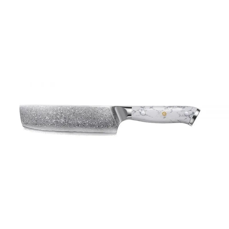 Damascus pattern chef's knife with VG10 steel blade and modern handle for kitchen use