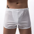 Men's cotton three-point fly boxer shorts in black, grey, dark blue, light blue, and white.