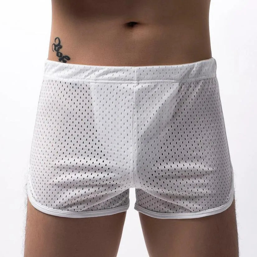 Men's cotton three-point fly boxer shorts in black, grey, dark blue, light blue, and white.