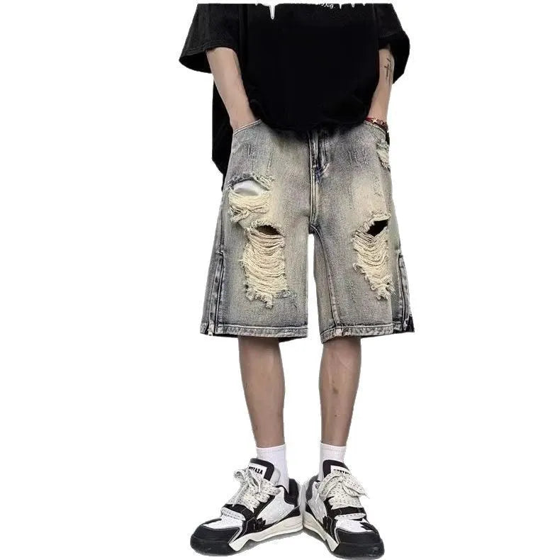 Blue retro-style denim shorts with a loose wide-leg fit on a mannequin.