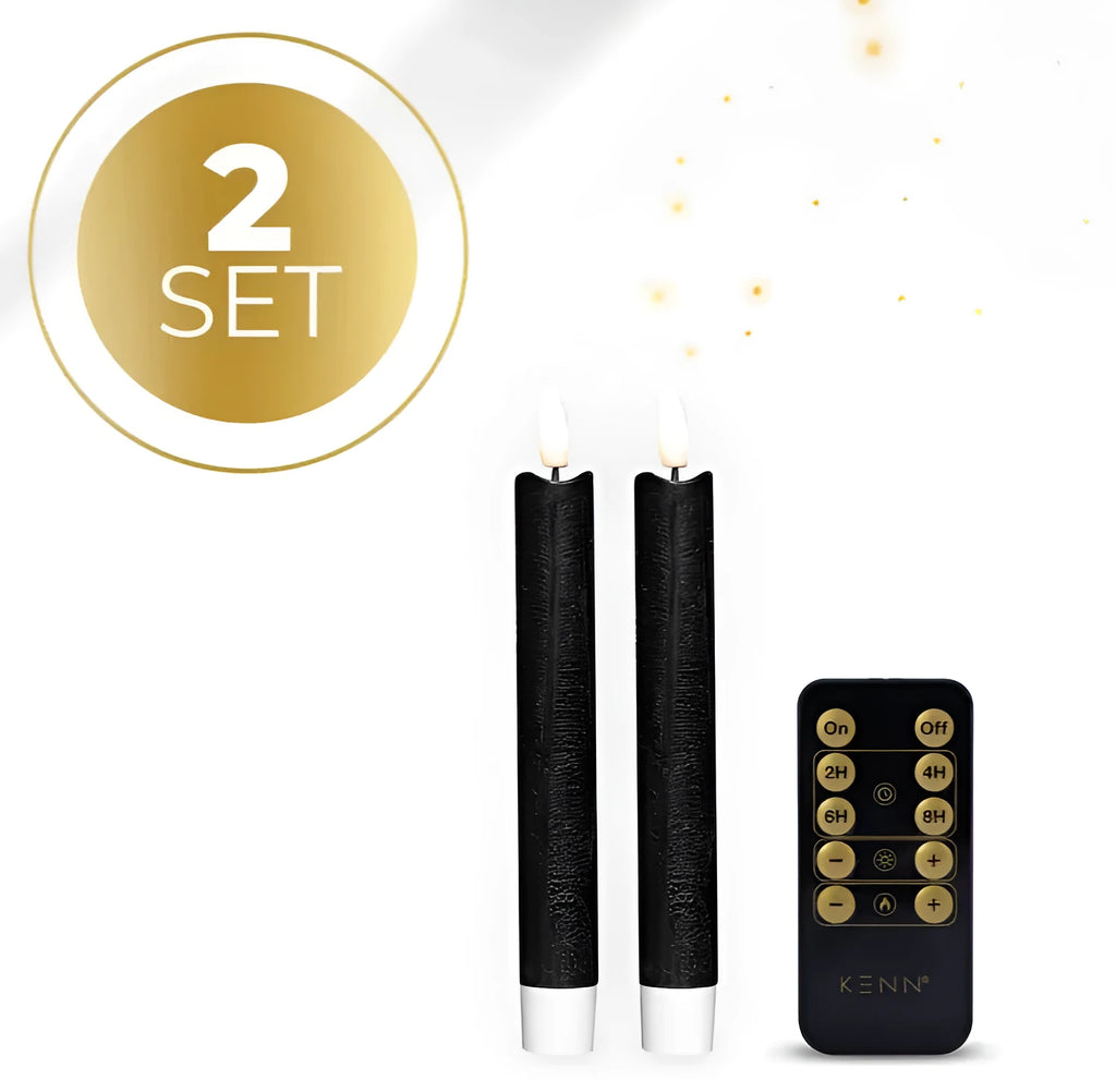Black LED taper candle with glowing 3D flame effect on a dark background.