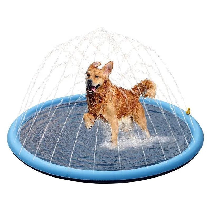 Large inflatable PVC dog pool splash pad with anti-slip base in a garden.