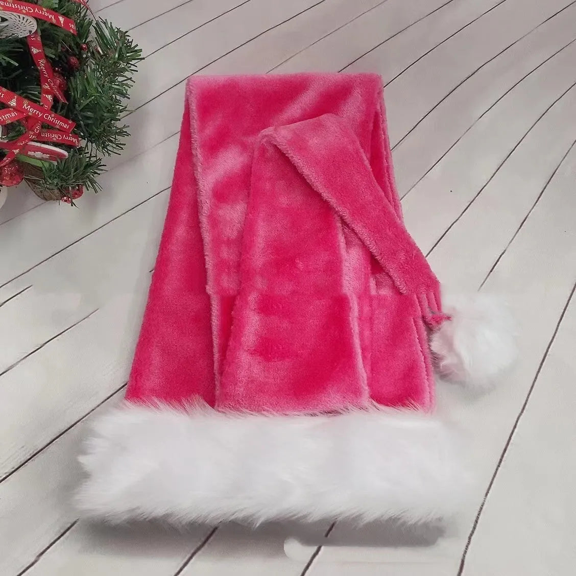 Extra long 1.5m polyester plush Christmas hat in red, with long tapered shape